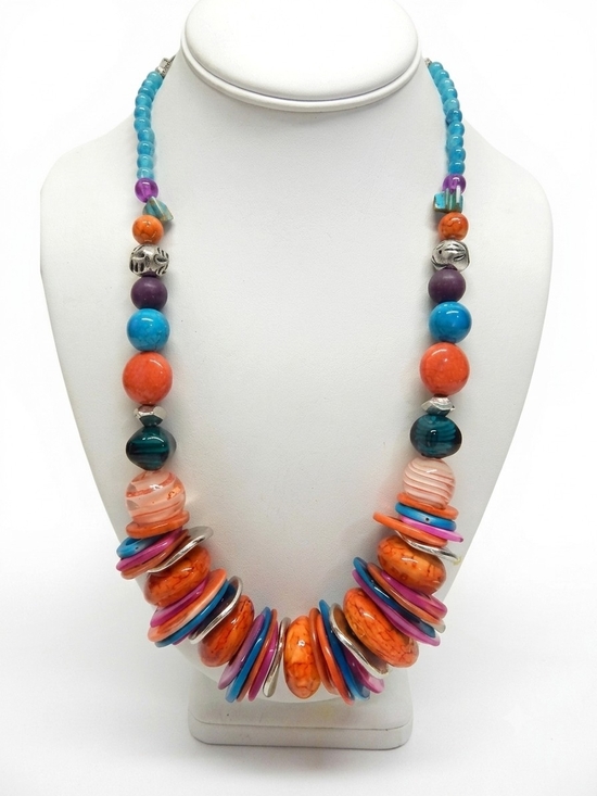 Vintage Jewelry - Vintage Multicolor Ceramic, Glass, Mother of Pearl & Acrylic Bead Necklace 24"